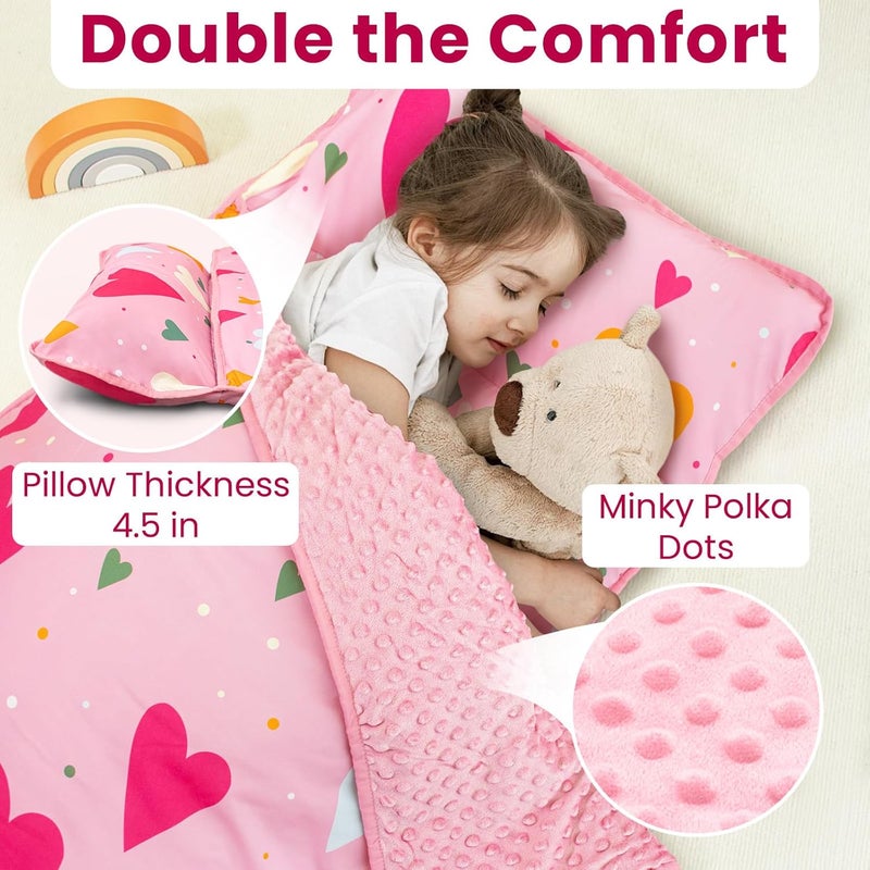 Beavtaens Toddler Nap Mat with Pillow and Minky Blanket, Large 55"x35" Sleeping Bag, Washable, Lightweight, Easy to Roll, Perfect for Preschool, Daycare, Kindergarten, Travel, Boys and Girls(Hearts) - Image 4